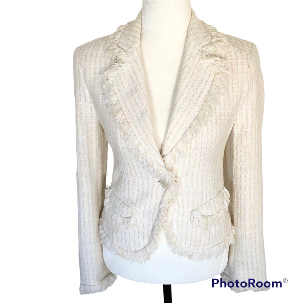 Zara Women’s Cream Sparkly Tweed Fringe Trim Blazer Jacket Size 4